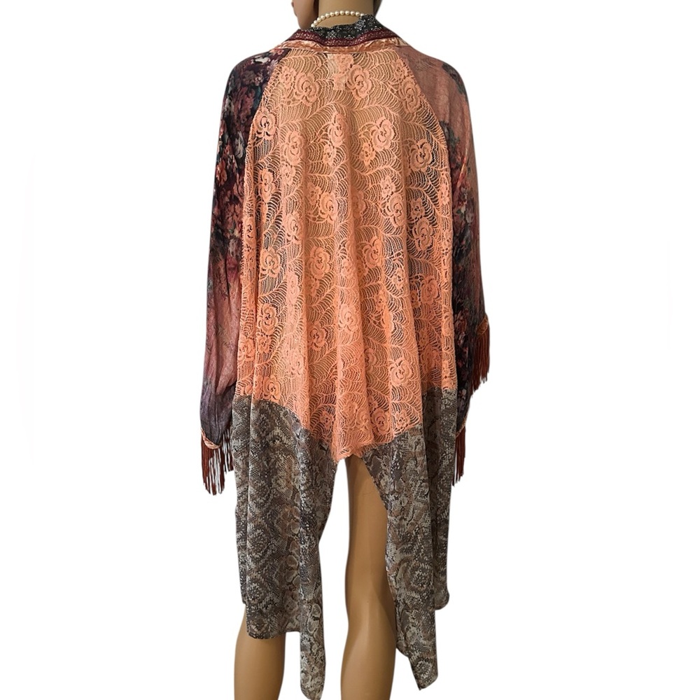 Ivy Jane Women’s Size Large Multicolor Pink Floral Long Cardigan Fringe Top - Picture 3 of 11